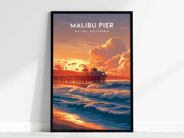 Malibu Pier, California Poster | Golden Coast Sunset Vibes Wall Art — framed wall art, 24x36 in