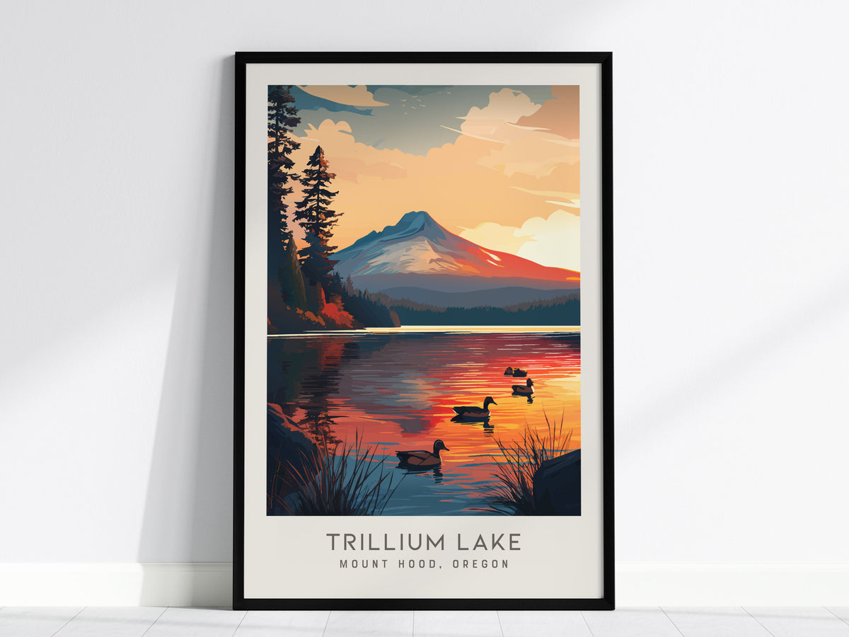 Trillium Lake Matte Border Poster | Mount Hood, Oregon Travel Wall Art — framed wall art, 24x36 in
