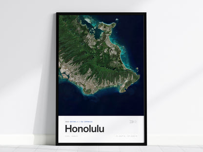 Aerial view of Honolulu, Hawaii, showcasing vibrant greens, blue ocean, and urban areas in a modern travel art poster by Swell Scenes.