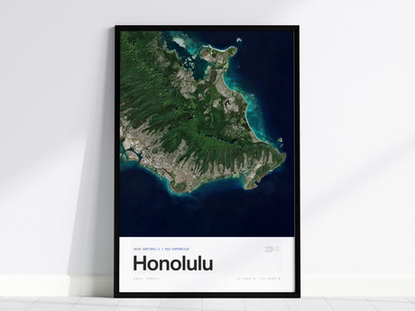 Aerial view of Honolulu, Hawaii, showcasing vibrant greens, blue ocean, and urban areas in a modern travel art poster by Swell Scenes.