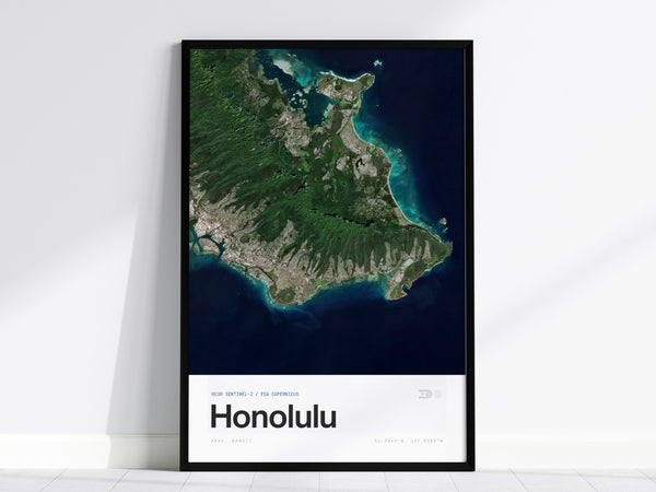Aerial view of Honolulu, Hawaii, showcasing vibrant greens, blue ocean, and urban areas in a modern travel art poster by Swell Scenes.