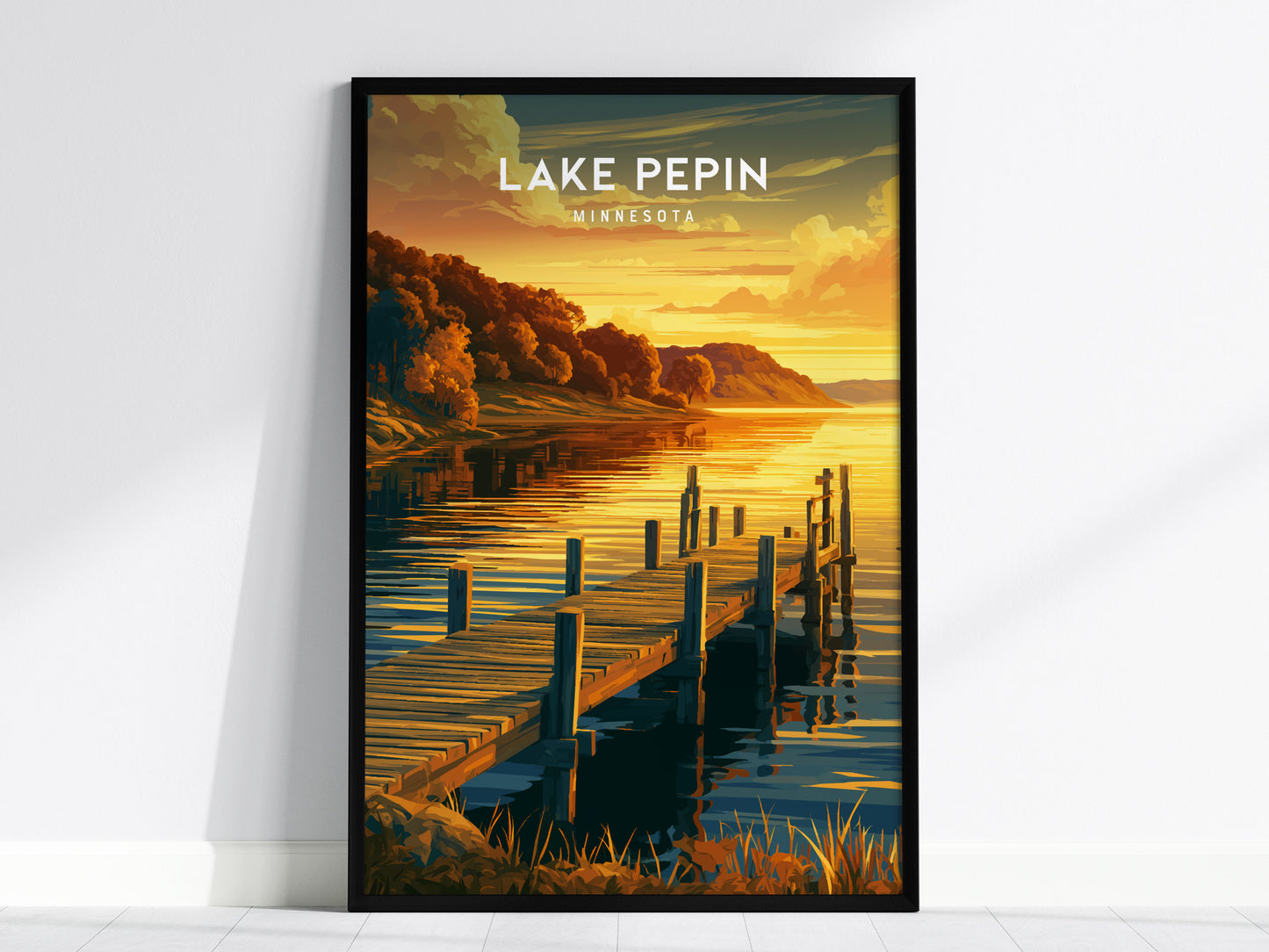 Lake Pepin, Minnesota Poster | Bluffs & Blue Water Travel Wall Art — framed wall art, 24x36 in