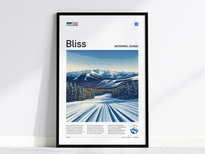 Bliss Ski Run | Breckenridge Resort Colorado Blue Intermediate Skiing Slope Framed Poster Skier Snowboarder Cabin Lodge Art Decor Gift