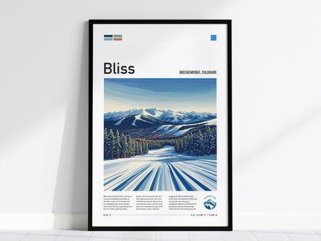 A framed art print titled Bliss features a snow-covered ski run at Breckenridge, Colorado, with mountainous terrain and evergreen trees under a clear blue sky.
