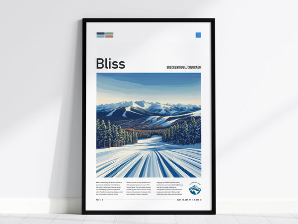 A framed art print titled Bliss features a snow-covered ski run at Breckenridge, Colorado, with mountainous terrain and evergreen trees under a clear blue sky.