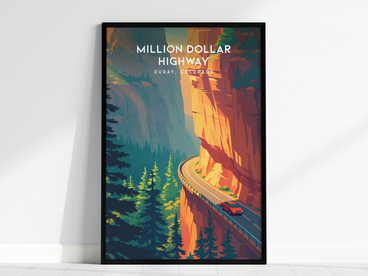 Million Dollar Highway, Ouray, Colorado Poster | Alpine Mountain Pass Travel Wall Art — framed wall art, 24x36 in