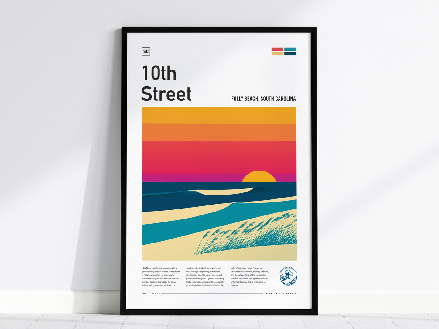 10th Street, Folly Beach, South Carolina Poster | Surf Wall Art & Beach House Decor — framed wall art, 24x36 in