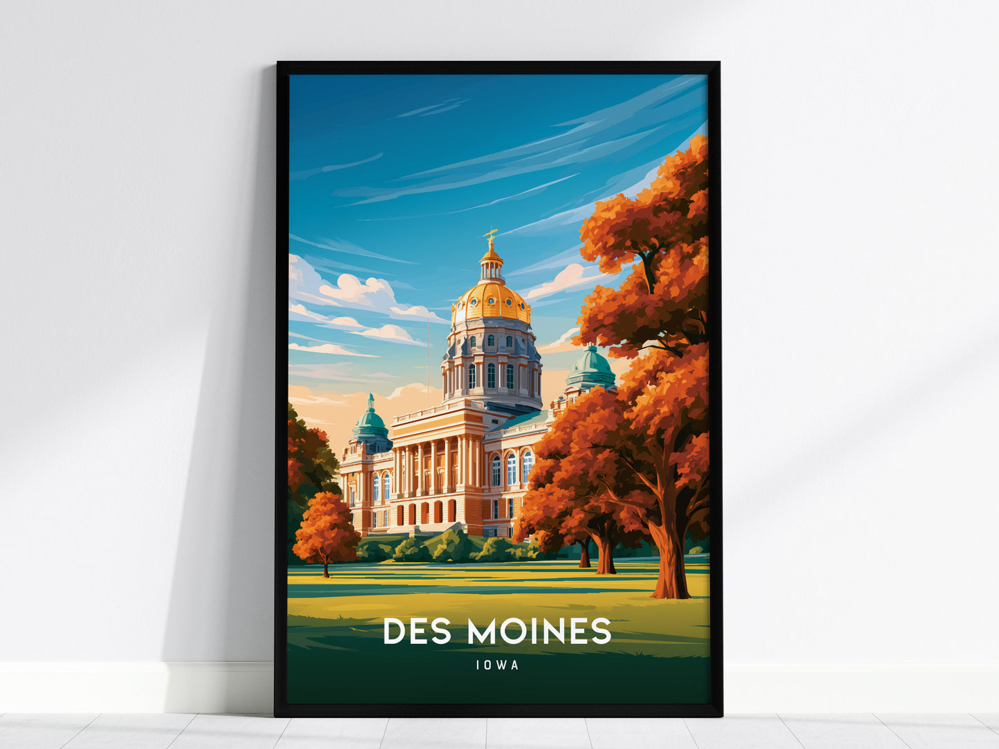 Des Moines, Iowa Poster | Golden Dome & Skyline Destination Print Wall Art — framed wall art, 24x36 in