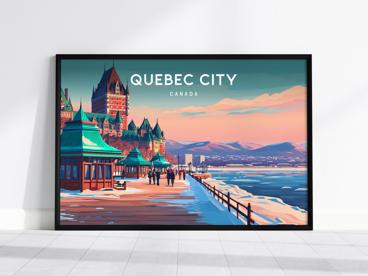 Quebec City, Canada Landscape Poster | Historic Skyline Vacation Wall Art — framed wall art, 24x36 in