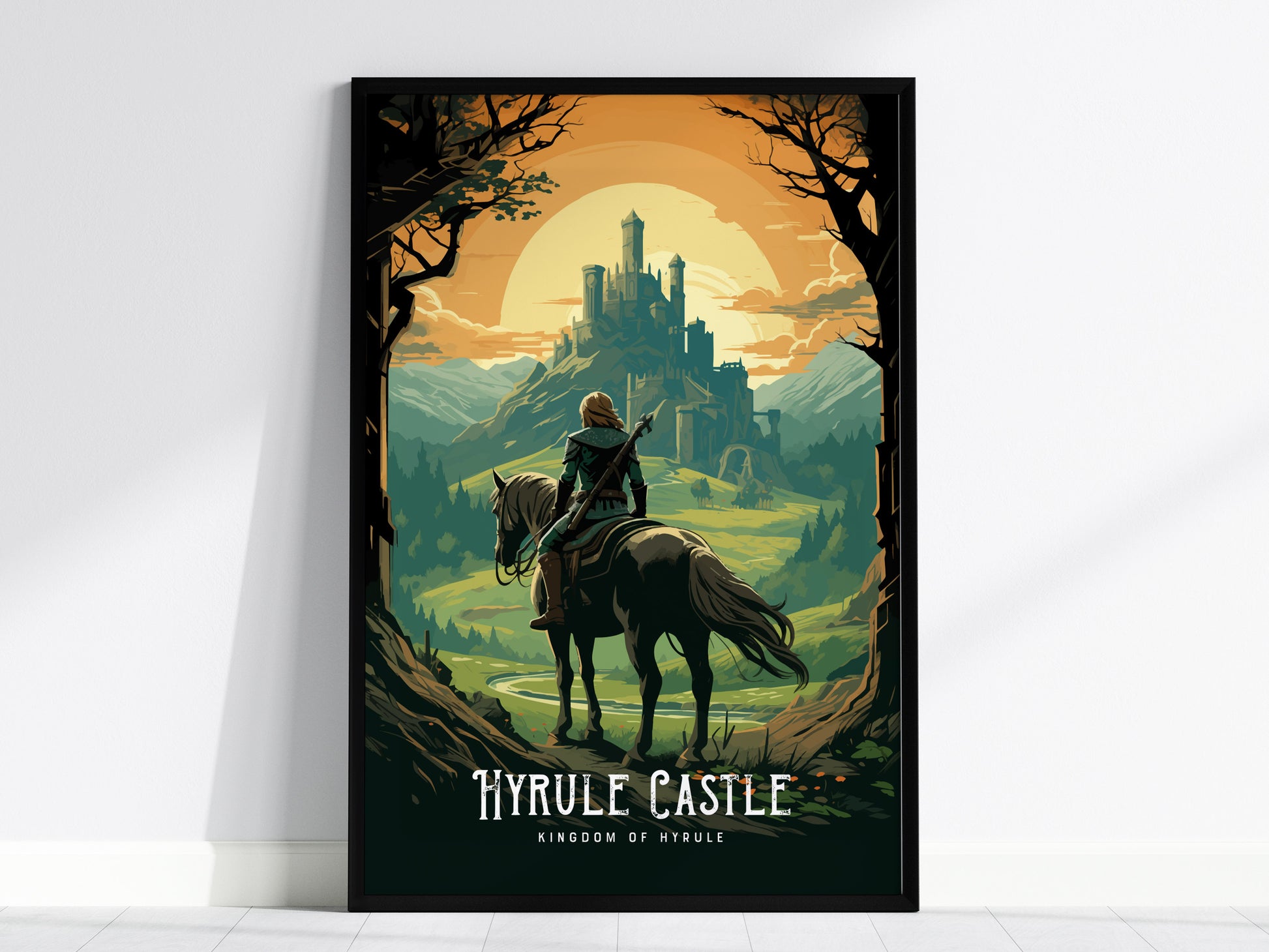 Framed Hyrule Castle wall art hanging above a gaming setup with consoles and controllers
