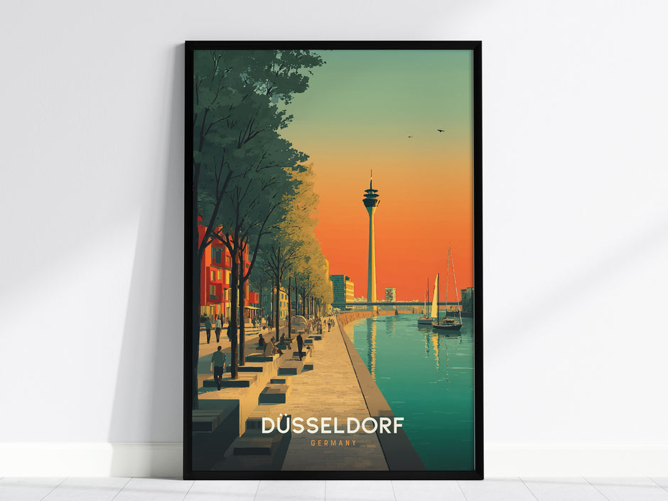 Stylized Düsseldorf cityscape poster featuring the Rheinturm, vibrant colors, and a lively riverside scene, perfect travel art.