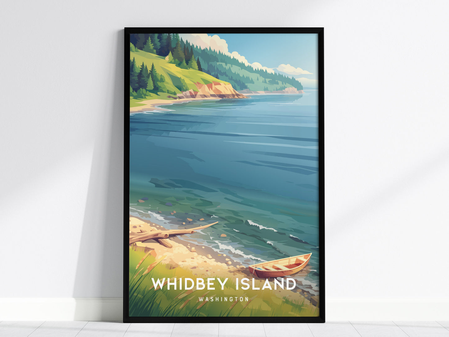 Whidbey Island, Washington Poster | Evergreen Shores & Sailboat Wall Art — framed wall art, 24x36 in