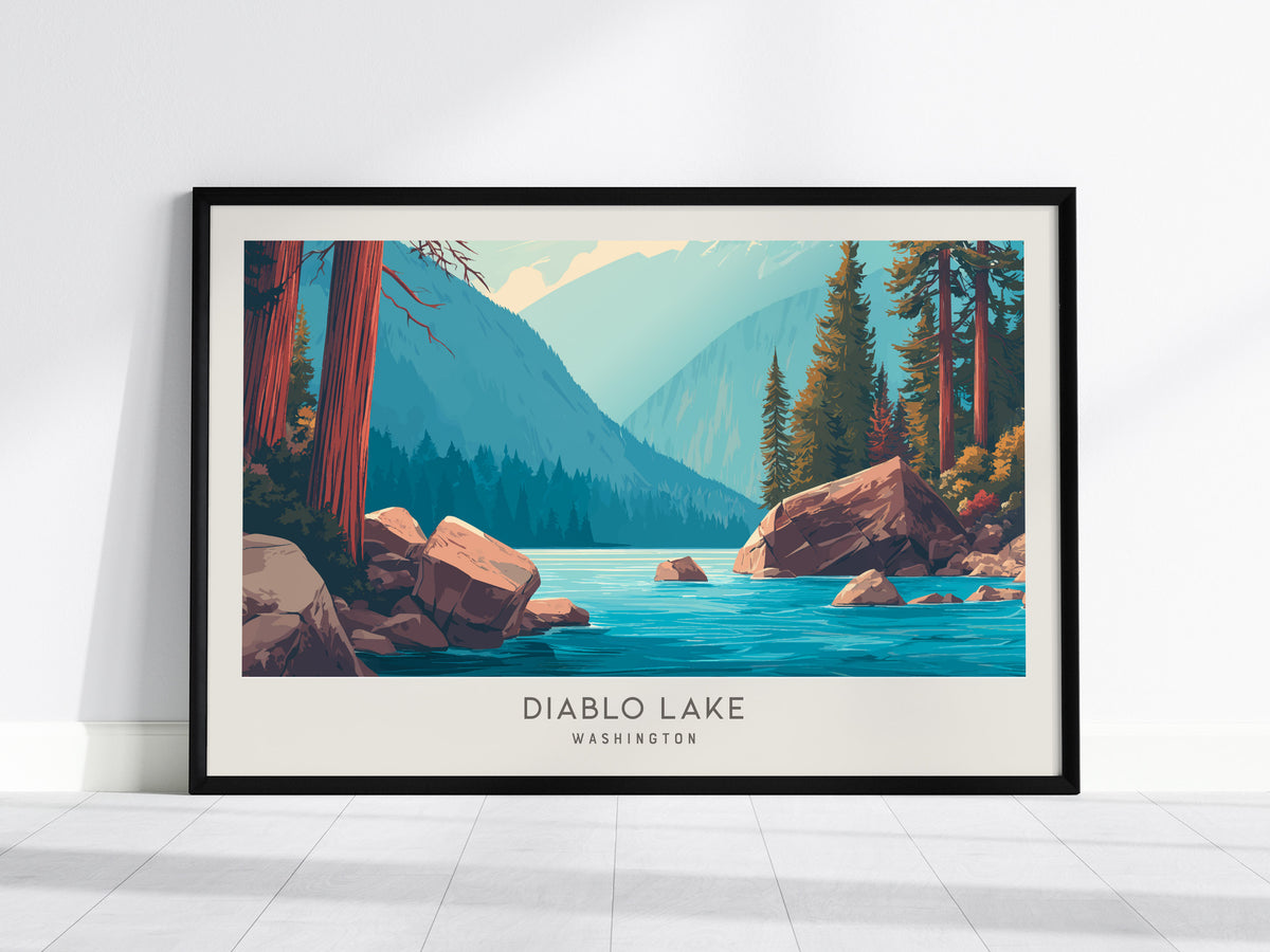 Diablo Lake Landscape Matte Border Poster | Washington Framed or Unframed Travel Gift — framed wall art, 24x36 in