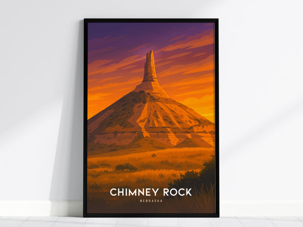 This image features a framed poster illustrating Chimney Rock in Nebraska. The artwork showcases the towering spire against a vibrant sunset sky in hues of orange and purple, with the text Chimney Rock Nebraska at the bottom.