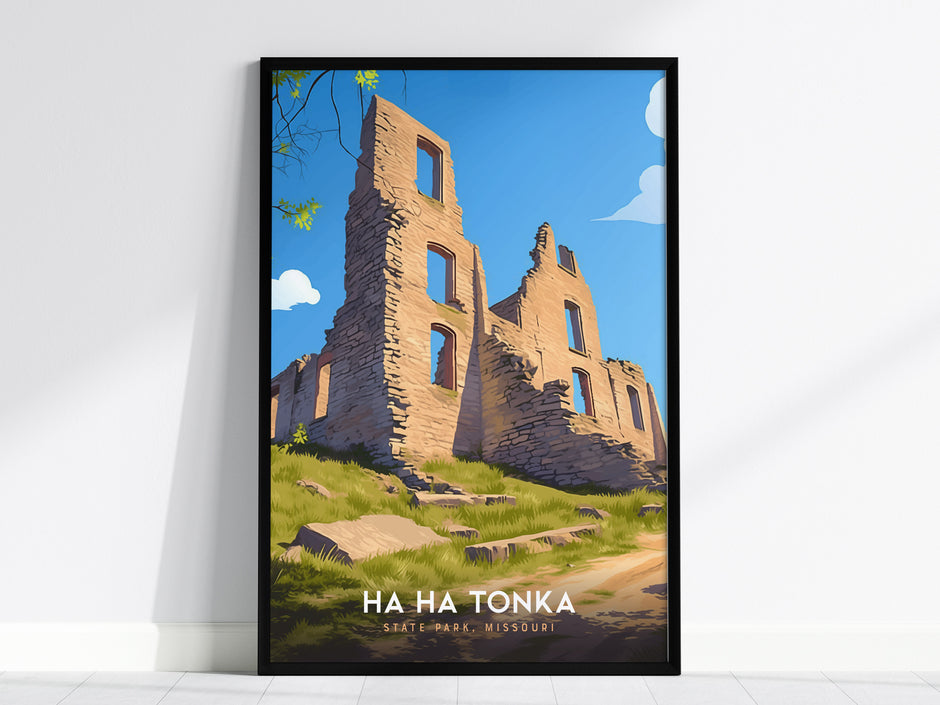 Framed Ha Ha Tonka State Park poster featuring stone castle ruins, vibrant colors, and vintage travel art style.