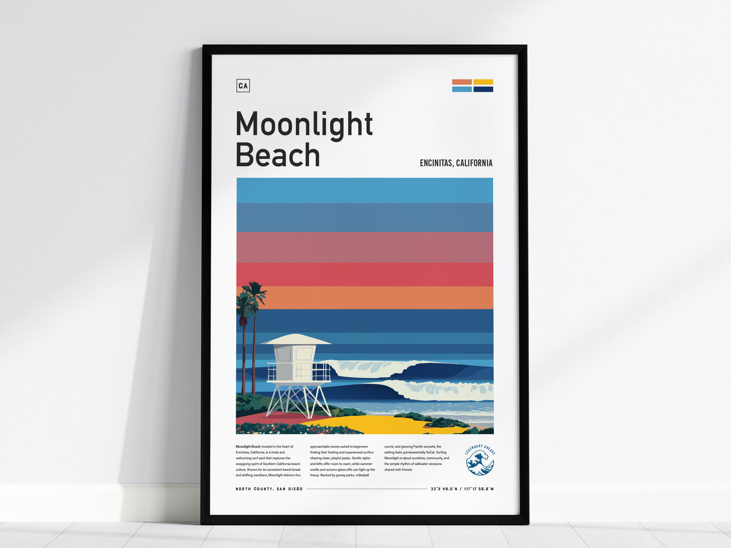 Stylized Moonlight Beach poster featuring a lifeguard tower, palm trees, and vibrant sunset colors, perfect surf decor for beach lovers.