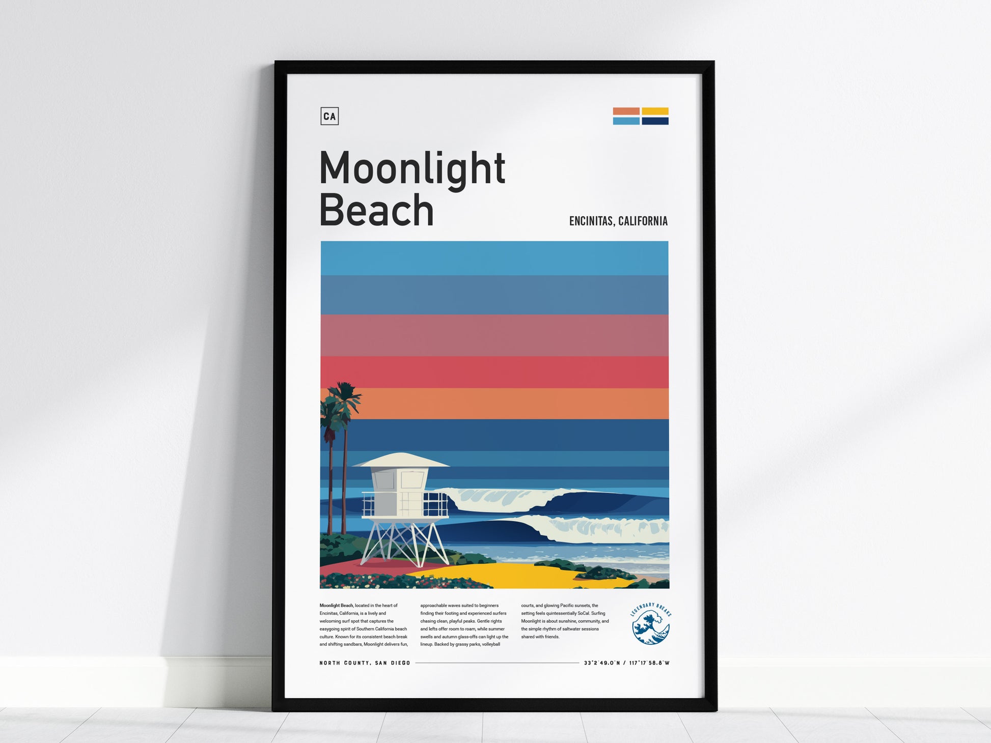 Stylized Moonlight Beach poster featuring a lifeguard tower, palm trees, and vibrant sunset colors, perfect surf decor for beach lovers.