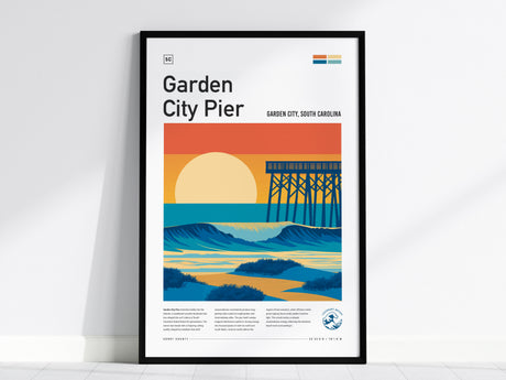 Garden City Pier, Garden City, South Carolina Poster | Surf Waves & Coastal Pier Wall Art — framed wall art, 24x36 in