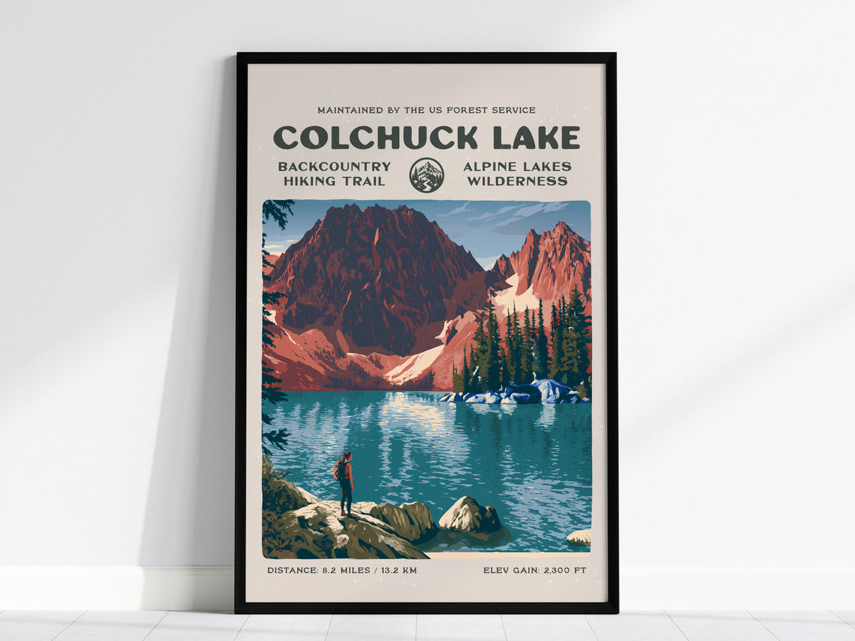 Colchuck Lake, Alpine Lakes Wilderness Poster | Hiker Gift | Backcountry Trail Wall Art — framed wall art, 24x36 in