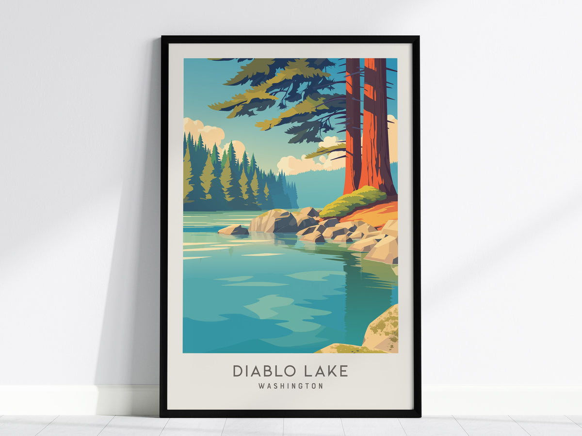 Diablo Lake Matte Border Poster | Washington Travel Wall Art — framed wall art, 24x36 in