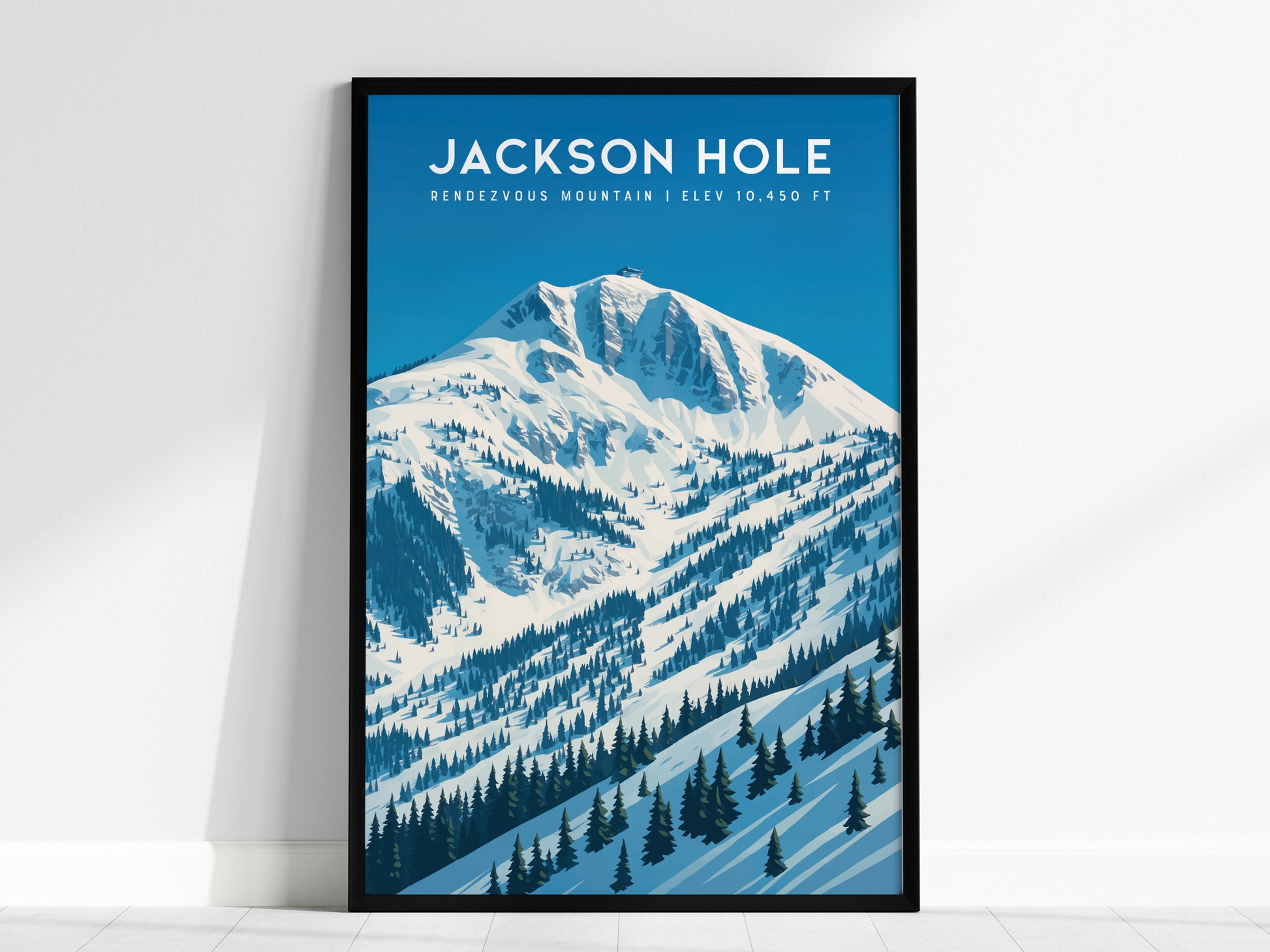 Stylized Rendezvous Mountain wall art print in blue and white, showcasing Jackson Hole's snowy landscape and modern design.