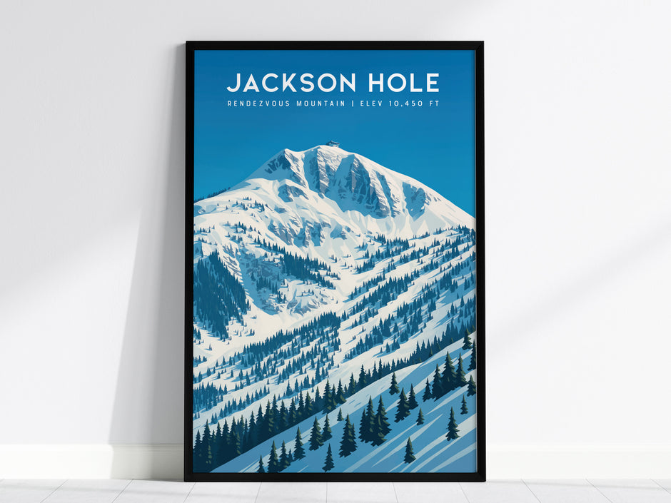 Stylized Rendezvous Mountain wall art print in blue and white, showcasing Jackson Hole's snowy landscape and modern design.