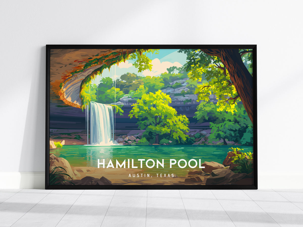 Hamilton Pool Landscape Poster | Austin, Texas Framed or Unframed Beach House Decor Wall Art — framed wall art, 24x36 in