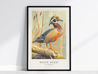 Stylized wood duck art print in earthy tones, showcasing detailed plumage and serene nature, perfect for wildlife art lovers.