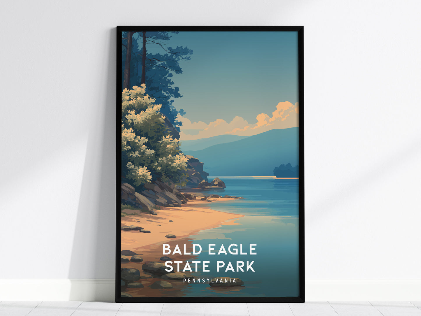 Bald Eagle State Park, Pennsylvania Poster | Eagle Soaring Over Mountain Lake Wall Art — framed wall art, 24x36 in