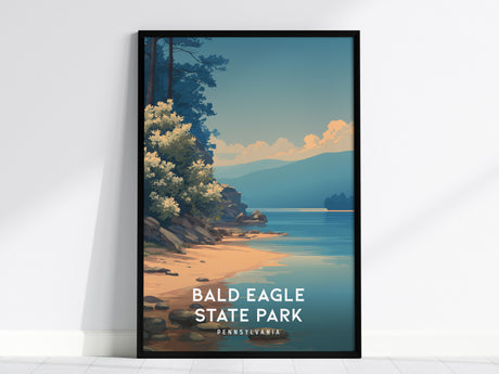 Bald Eagle State Park, Pennsylvania Poster | Eagle Soaring Over Mountain Lake Wall Art — framed wall art, 24x36 in