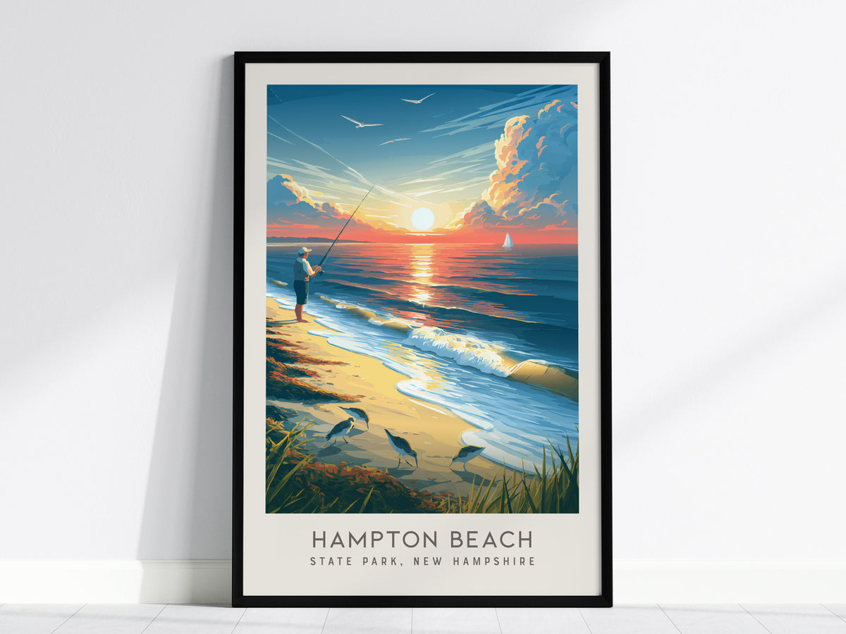 Hampton Beach Matte Border Poster | State Park, New Hampshire Coastal Beach Decor — framed wall art, 24x36 in