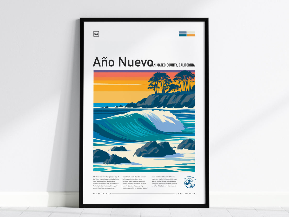 Año Nuevo, San Mateo County, California Poster | Elephant Seals & Rugged Surf Wall Art — framed wall art, 24x36 in