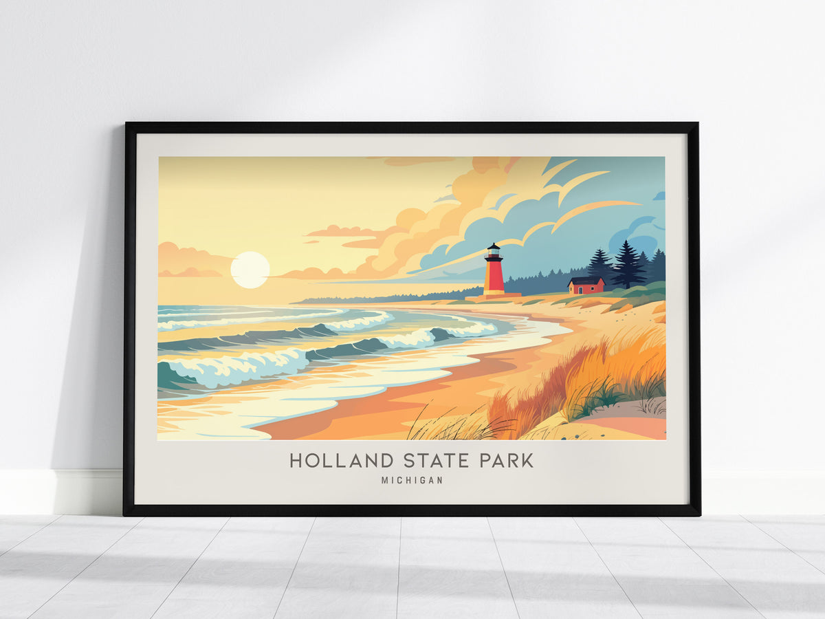 Holland State Park Landscape Matte Border Poster | Michigan Beach House Decor Vacation Wall Art — framed wall art, 24x36 in