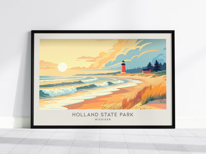 Holland State Park Landscape Matte Border Poster | Michigan Beach House Decor Vacation Wall Art — framed wall art, 24x36 in