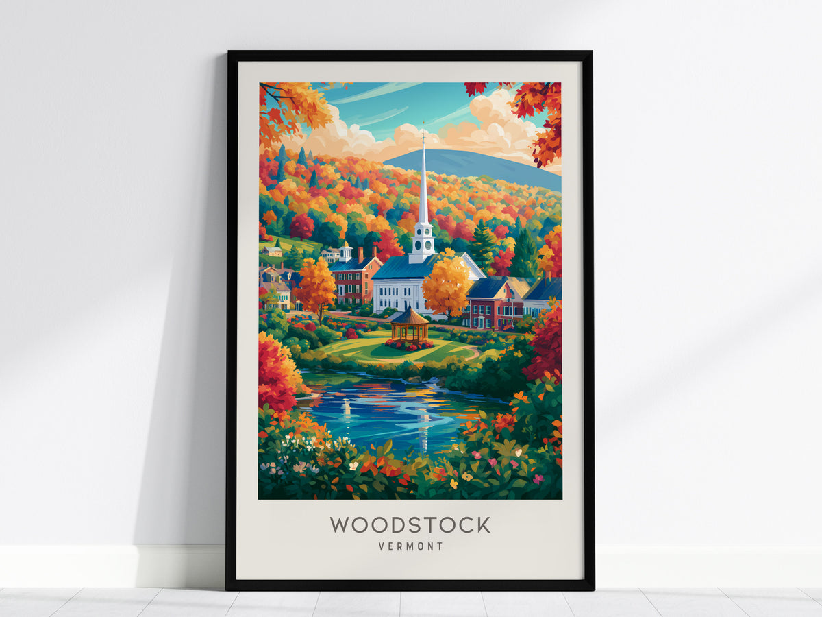 Woodstock Matte Border Poster | Vermont Travel Gift Framed or Unframed — framed wall art, 24x36 in