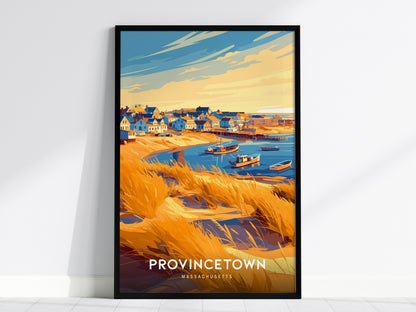 A colorful art print depicting Provincetown, Massachusetts, featuring vibrant beach houses and boats along the shoreline. Golden grasses sway in the foreground, under a bright sky with soft clouds, creating a serene coastal scene.