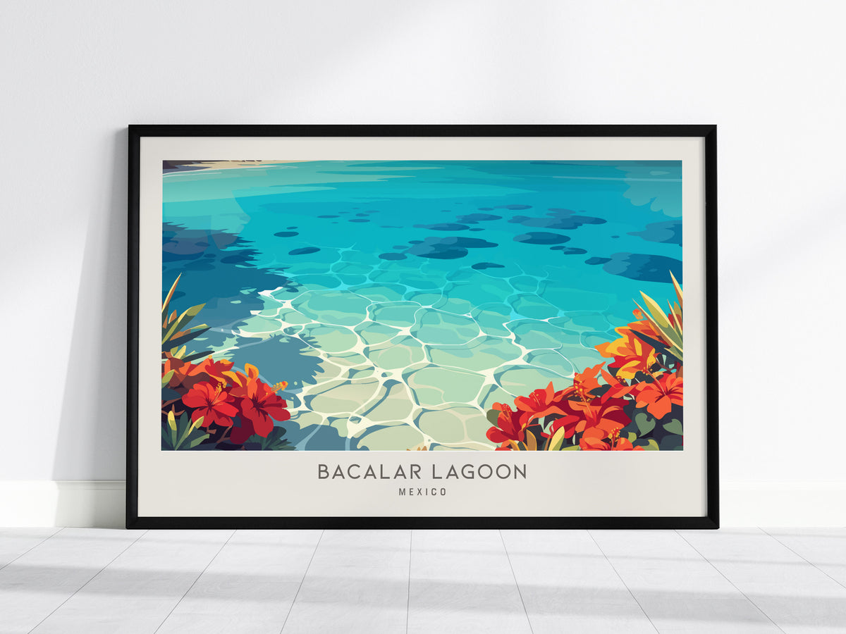 Bacalar Lagoon Landscape Matte Border Poster | Mexico Coastal Beach Decor Travel Wall Art — framed wall art, 24x36 in