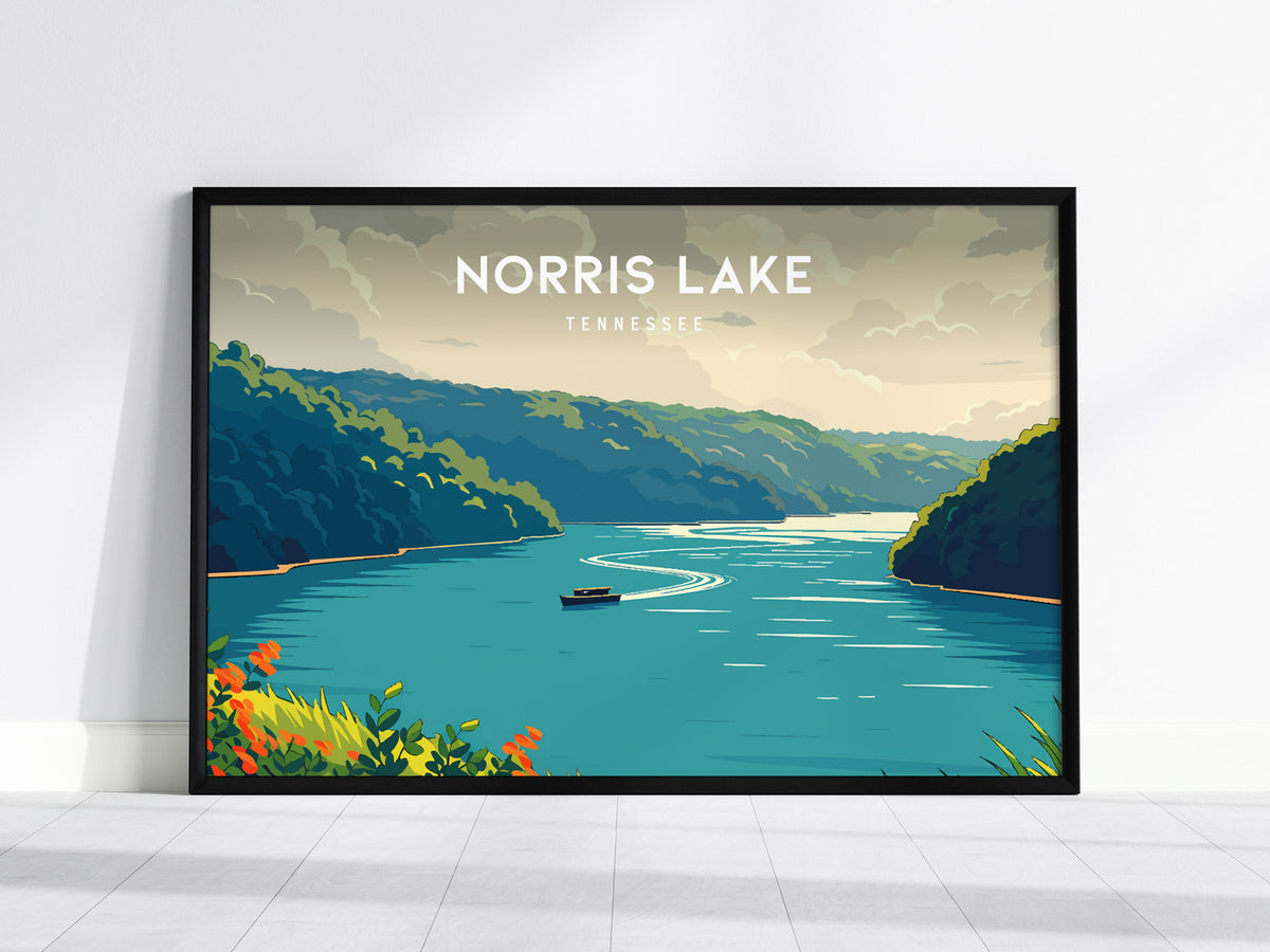 Norris Lake, Tennessee Landscape Poster | Lakeside Getaway Framed or Unframed Wall Art — framed wall art, 24x36 in