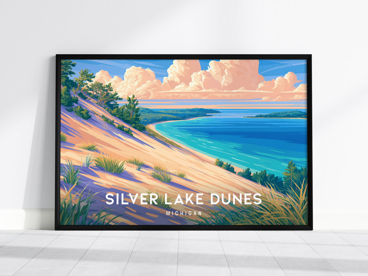 Silver Lake Dunes, Michigan Landscape Poster | Beach House Decor & Scenic Wall Art — framed wall art, 24x36 in