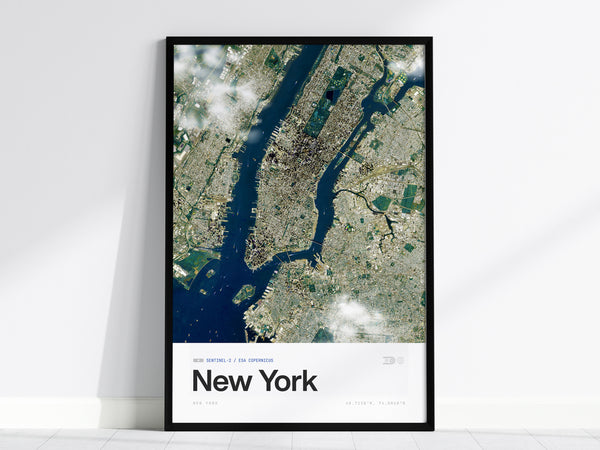 Framed aerial poster of New York City showcasing satellite view with Central Park, vibrant waterways, and urban neighborhoods.