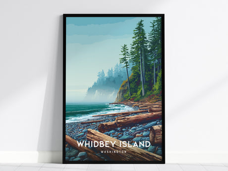 Whidbey Island, Washington Poster | Evergreen Shores & Sailboat Wall Art — framed wall art, 24x36 in
