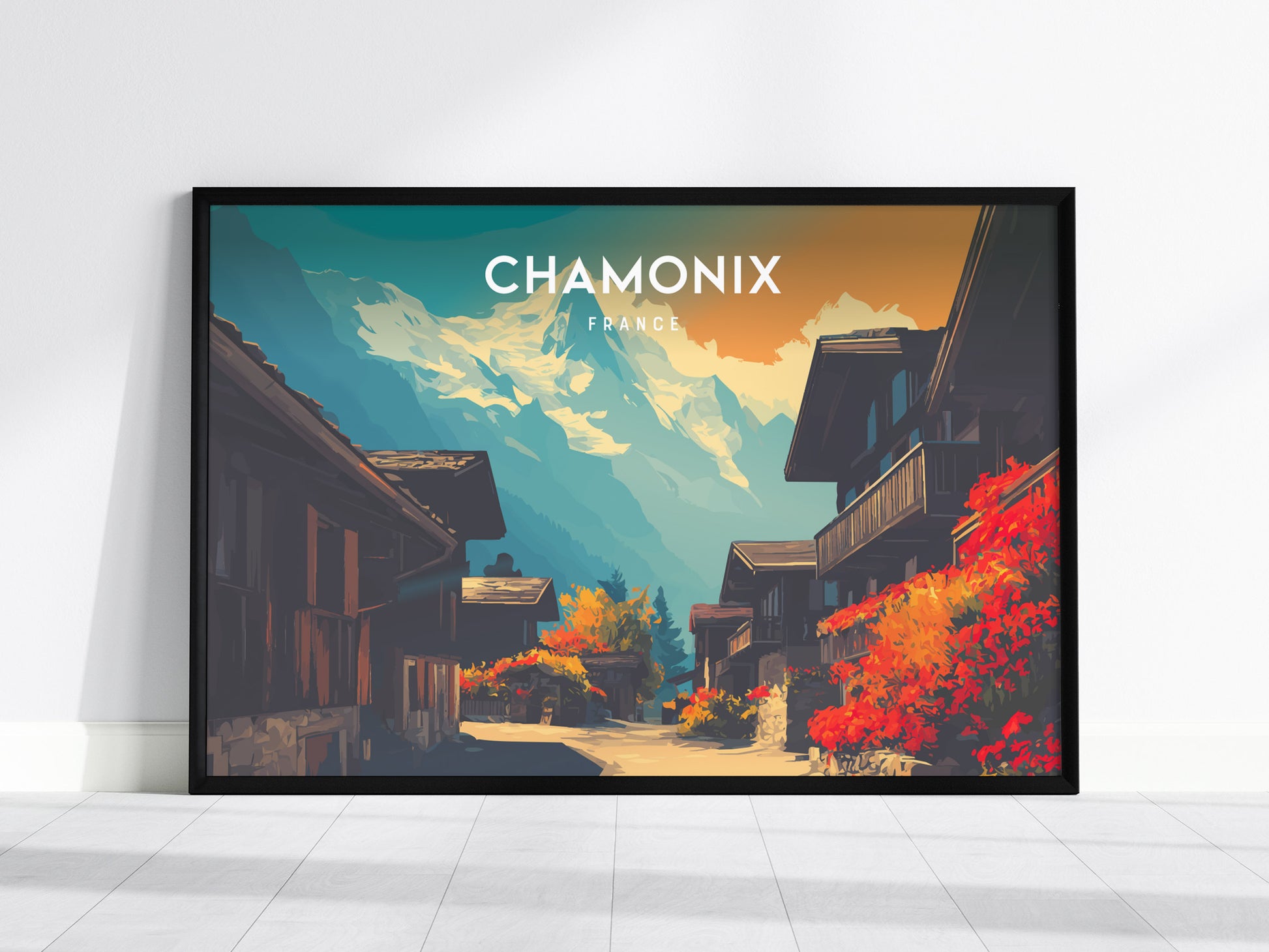 Chamonix, France Landscape Poster | Snow-Capped Alps Vacation Wall Art — framed wall art, 24x36 in