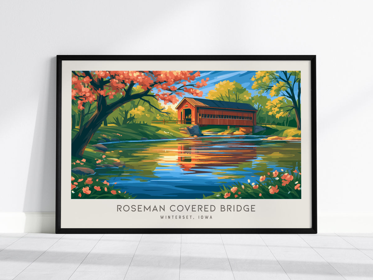 Roseman Covered Bridge Landscape Matte Border Poster | Winterset, Iowa Vacation Wall Art — framed wall art, 24x36 in