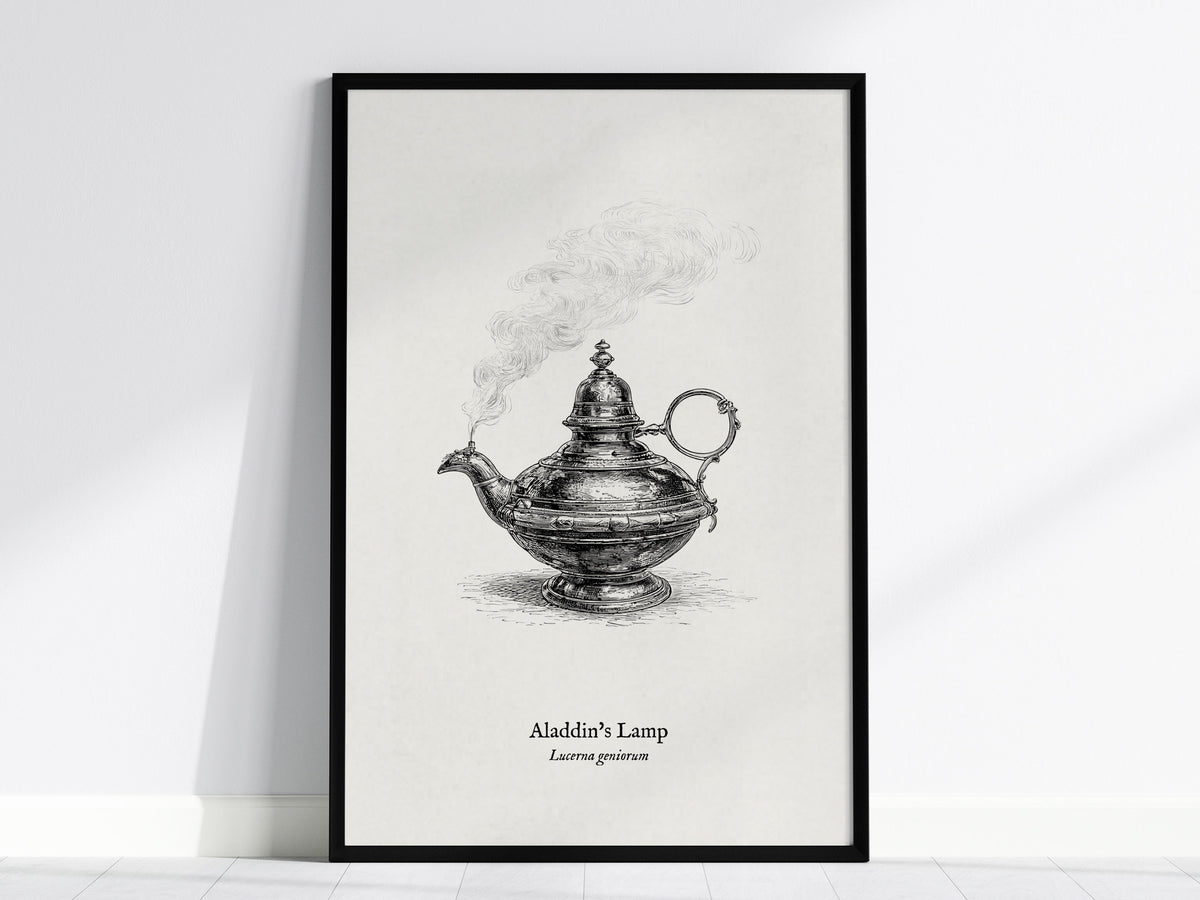 Aladdin's Lamp Poster | Lucerna Geniorum Pen and Ink Print Vintage Scientific Illustration Wall Art — framed wall art, 24x36