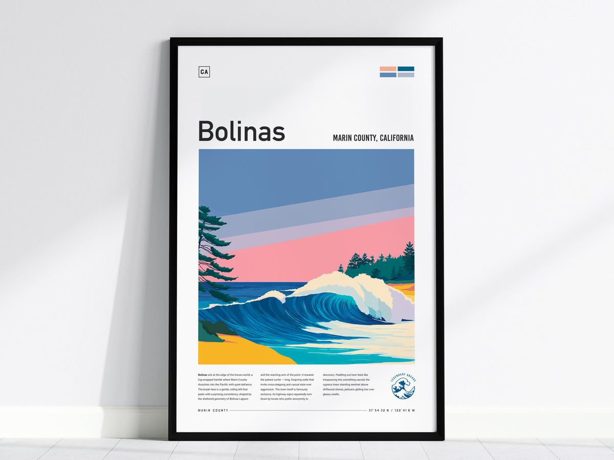 Bolinas, Marin County, California Poster | Misty Cliffs & Surf Wall Art — framed wall art, 24x36 in