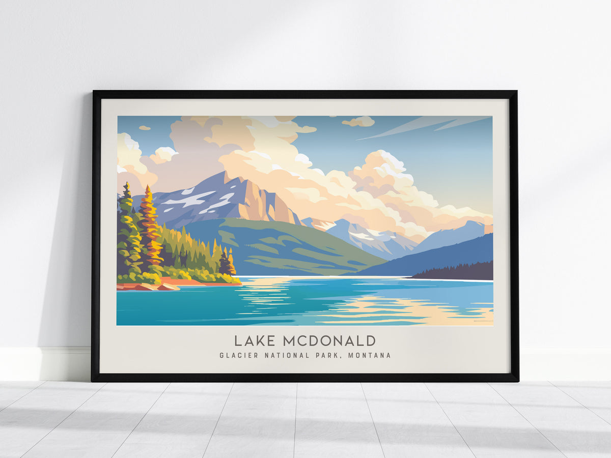 Lake McDonald Landscape Matte Border Poster | Glacier National Park, Montana Travel Wall Art — framed wall art, 24x36 in