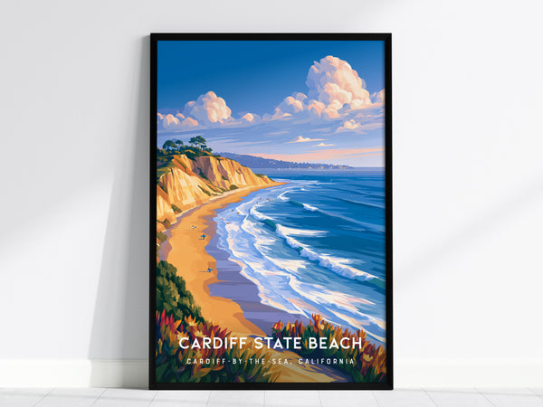 Cardiff State Beach, California Poster | Sun-Kissed Shores & Surf Wall Art — framed wall art, 24x36 in