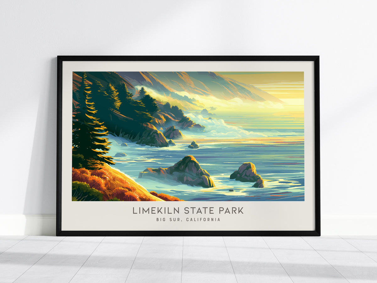 Limekiln State Park Landscape Matte Border Poster | Big Sur, California Coastal Beach Decor — framed wall art, 24x36 in