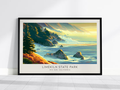 Limekiln State Park Landscape Matte Border Poster | Big Sur, California Coastal Beach Decor — framed wall art, 24x36 in