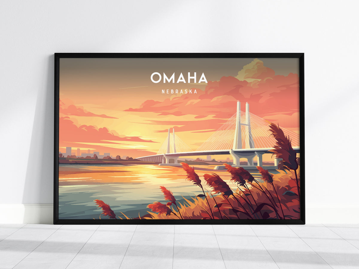 Omaha, Nebraska Landscape Poster | Midwest Cityscape Travel Gift Wall Art — framed wall art, 24x36 in